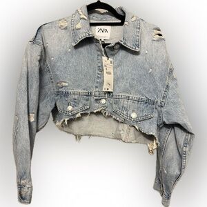 NWT Zara Distressed Cropped Denim Jacket